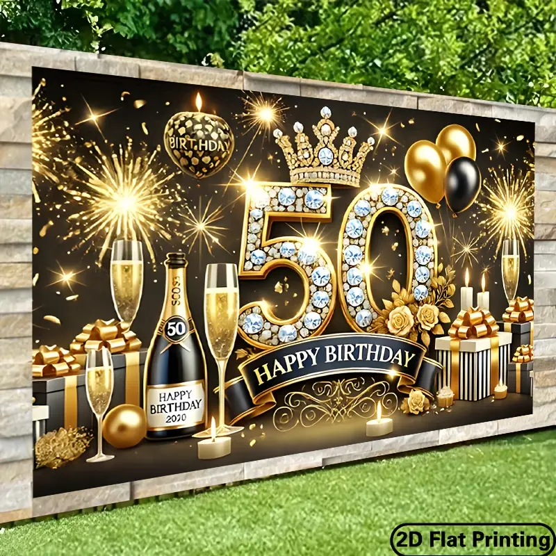 50th Birthday Polyester Wall Hanging Backdrop, 243.84x182.88cm 2D Flat Glittery Banner with Crown, Balloons, Champagne Design, Indoor-Outdoor Celebration Studio Prop Textile Decor