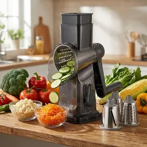 Rotary Cheese Grater with 3 & 5 Blades, Manual Vegetable Slicer with Suction Base, Multifunction Kitchen Gadget for Cheese, Potato, Cucumber & Carrot