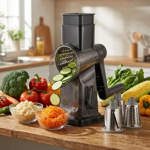 Multifunction Detachable Manual Rotary Grater Utensil - 3-Blade/5-Blade Kitchen Appliance with Stainless Steel Blades, Easy Hand Crank for Chopping Cheese, Potato, Carrot