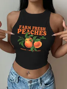 Women's Peach & Letter Print Round Neck Tank Top, Casual Sleeveless Basic Tanks Crew Neck Top for Summer, Ladies Clothes for Daily Wear, Tanks Tops, Socks