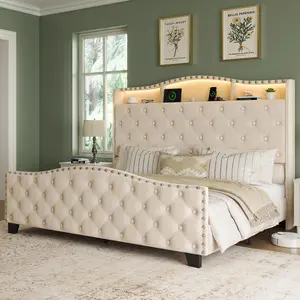 [SummerWins]Belffin King Size Bed Frame and Headboard, 50.9" Velvet Upholstered Wingback Bedframe with LED Lights & Storage/Charging Station, Button Tufted Tall Footboard, No Box Spring Needed, Noise-Free, Beige