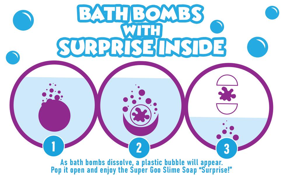 Tub Works Super Goo Bath Slime 'Surprise' Bath Bombs 6 Pack Stretchy Squishy Slime Soap Surprise Inside Sensory Fun Bath Bombs for Kids Non-Toxic & Kid-Friendly Blueberry - Grape