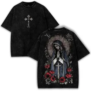 Vintage Washed Heavy Cotton T Shirt Virgin Mary Graphic Print Gothic Streetwear Loose Casual Crew Neck Breathable Soft Durable Everyday Outdoor Daily Lifestyle Fashion Top for Adult Men Women