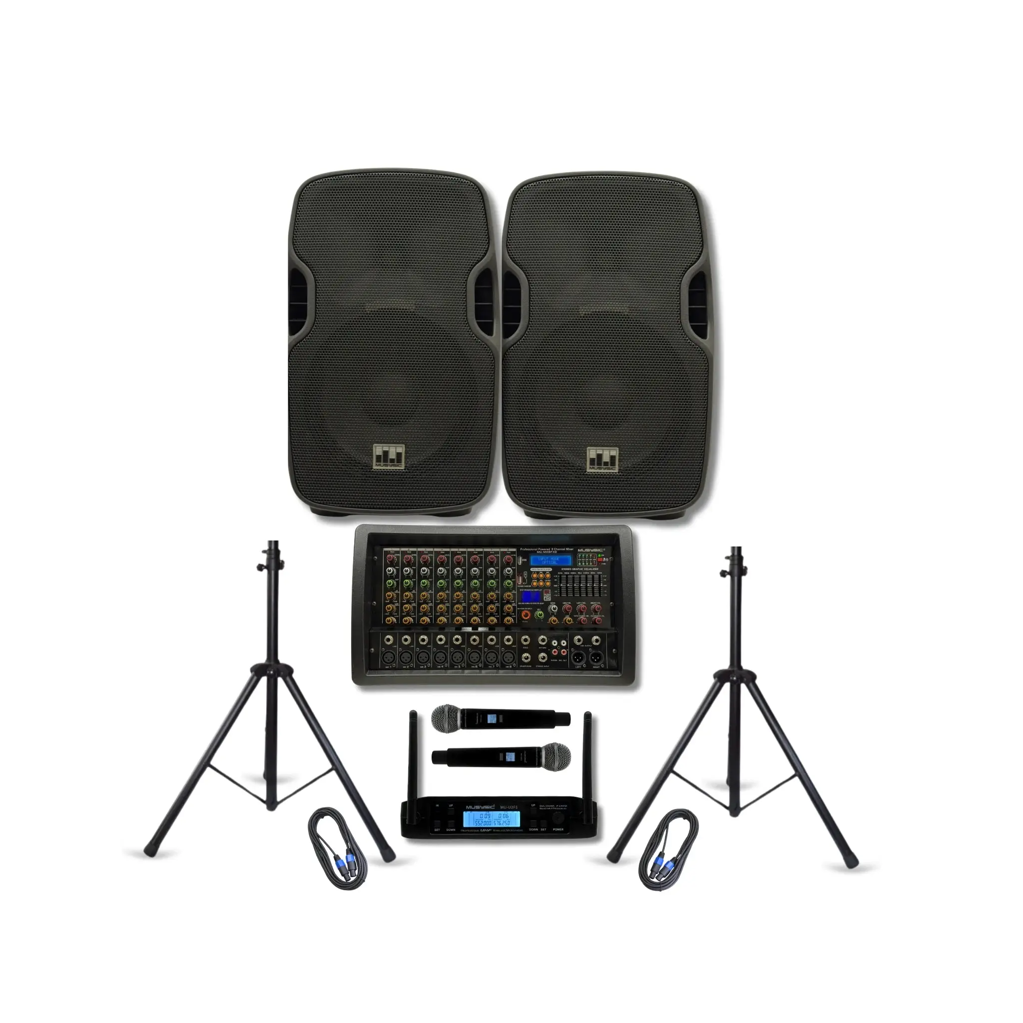 Complete Professional 4500W PA System 8-CH Mixer 2pc 15" Speakers Wireless Mics