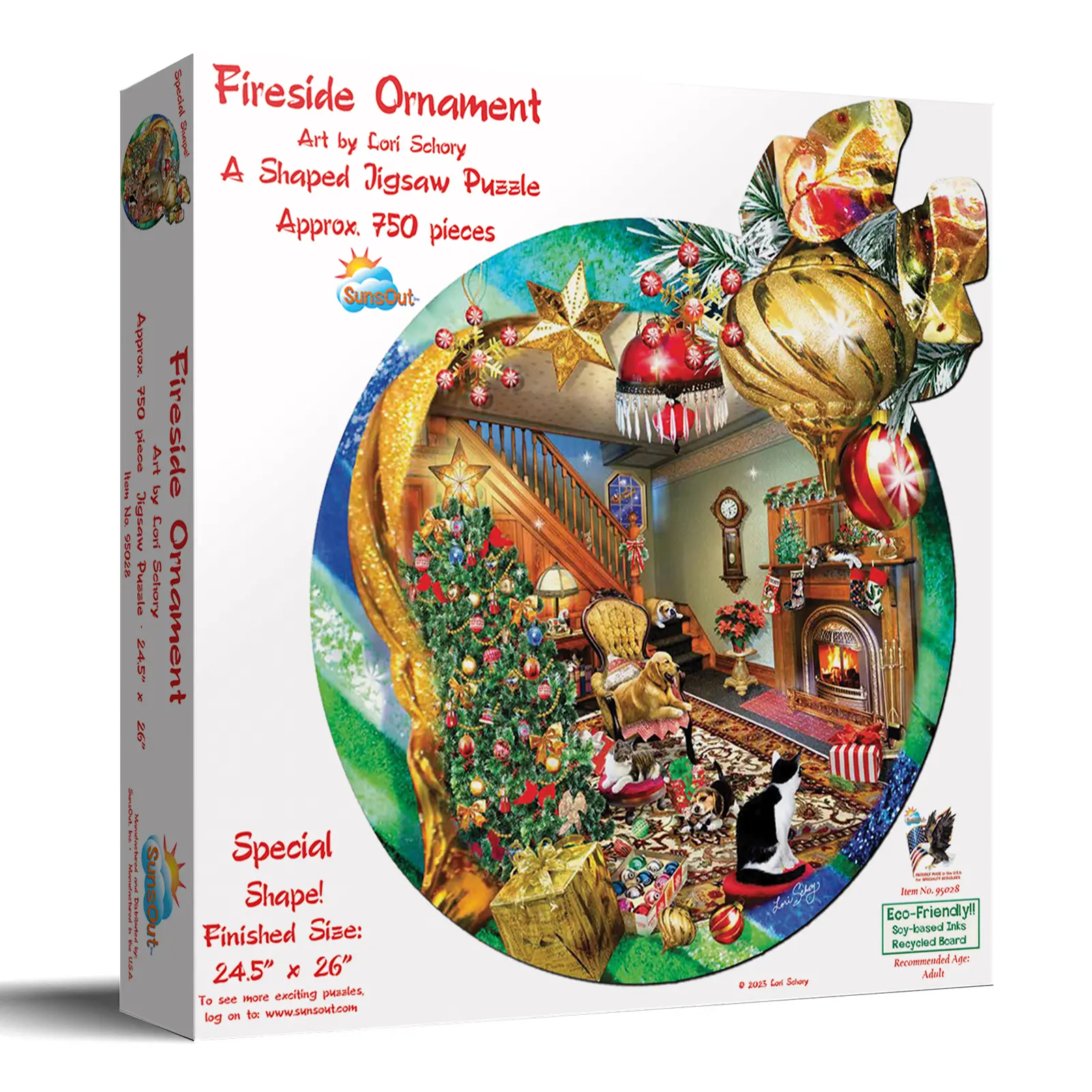 SunsOut Fireside Ornament 750 piece Jigsaw Puzzle for Adults Special Shape 24.5" x 26.5" Holidays, Animals