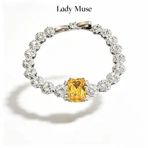925 Silver Lab-created yellow diamond bracelet#retangle gem with radiant cut/graceful shiny luxury/ lavish present,anniversary gift,formal occasions