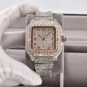 Two-tone Full Paved Crystal Square Wristwatch with Special Arabic Numerals Dial, Date Display Luxury Stainless Steel Men’s Watch