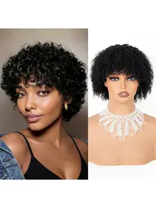 Short Culy Wig Human Hair for Women Kinky Curly Human Hair Wigs With Bangs Layered Pixie Full Machine No Glue No Lace Front Rose Net Cap Wig 6 inch