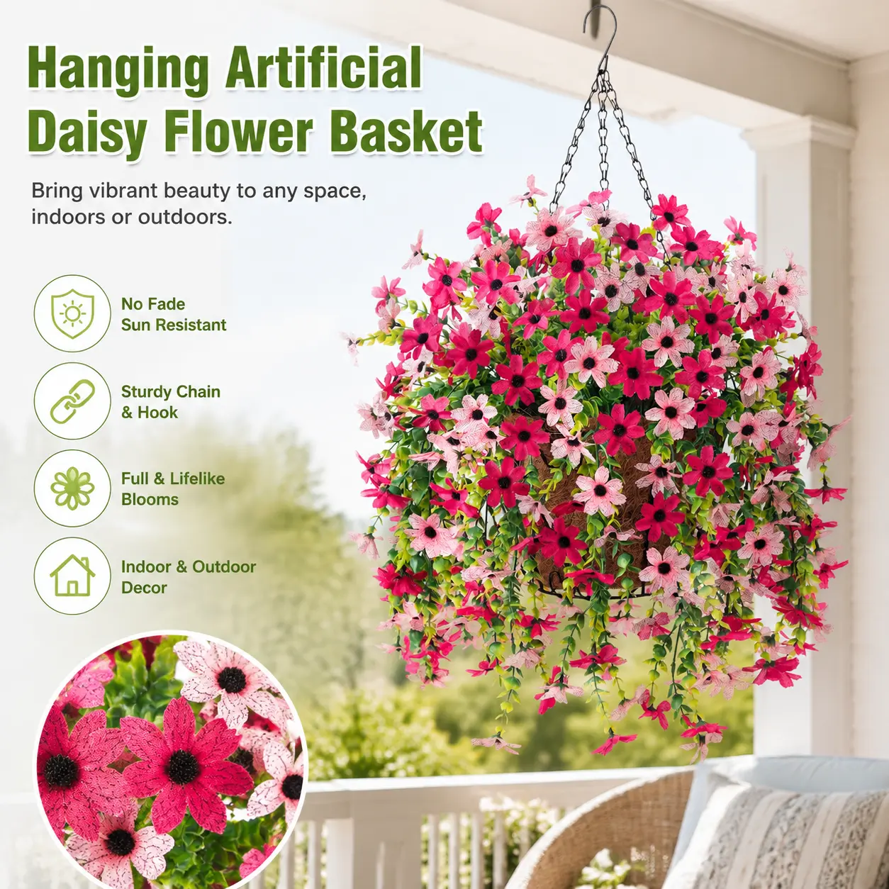 Hanging Artificial Daisy Flower Basket With Chain Hook, Fake Trailing Vine Floral Arrangement, No Fade Outdoor Indoor Hanging Flowers For Porch Balcony Garden Home Wall Patio Decor
