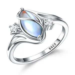EJG Moonstone Ring with Rainbow Zircon Solitaire | A Dreamy Declaration of Jewelry for a Date | Hypoallergenic Holiday Gift | Affordable Ring in 925 Sterling Silver | Fine Jewelry