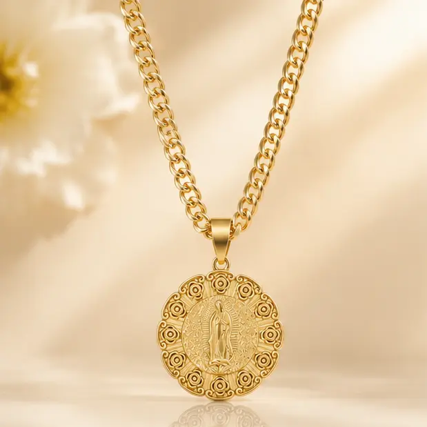 14K Gold-Plated Our Lady of Guadalupe Flower Necklace with 3 Different Chain Styles: A Versatile and Fashionable Necklace