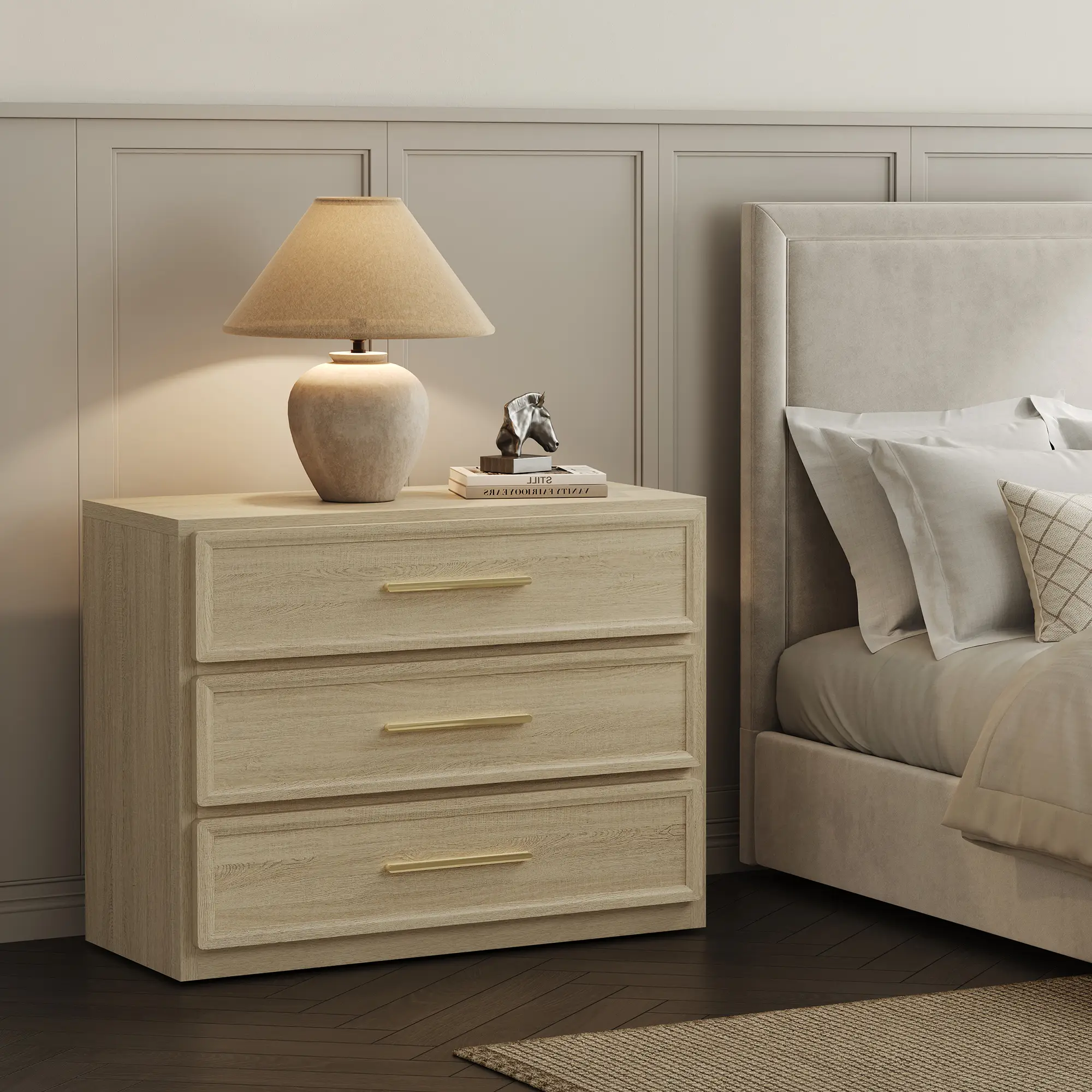 SICOTAS Night Stand Oversized Extra Large Nightstand Tall Bedside Side Table with 3 Drawers with Storage Modern End Table with Golden Handles Night St