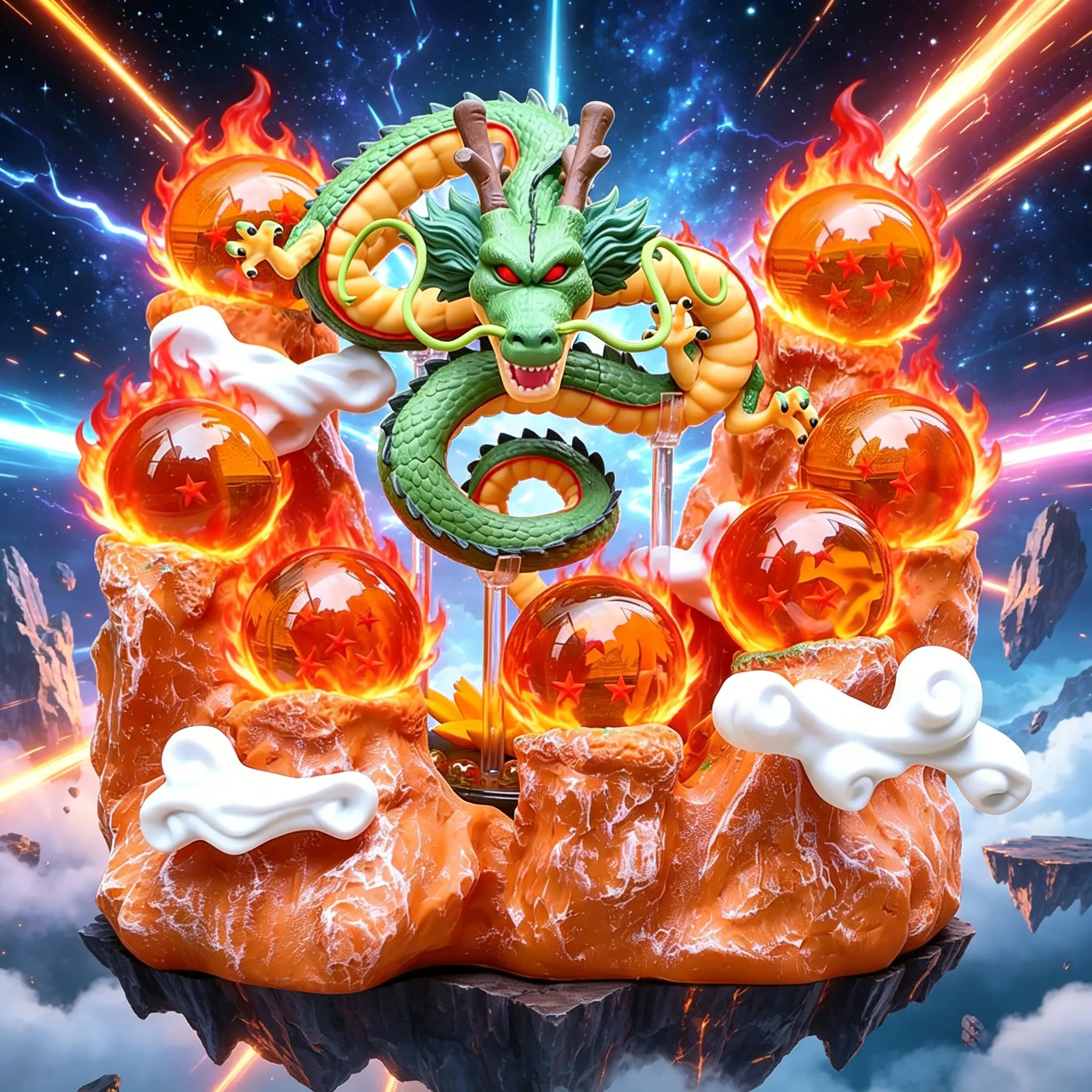 DBZ Shenron Series Resin Anime Model Figure Set - 7 PCS 43mm Crystal Balls, Mountain Base, Home Decor Statue Ornament for Fan Collectibles, Holiday Gifts