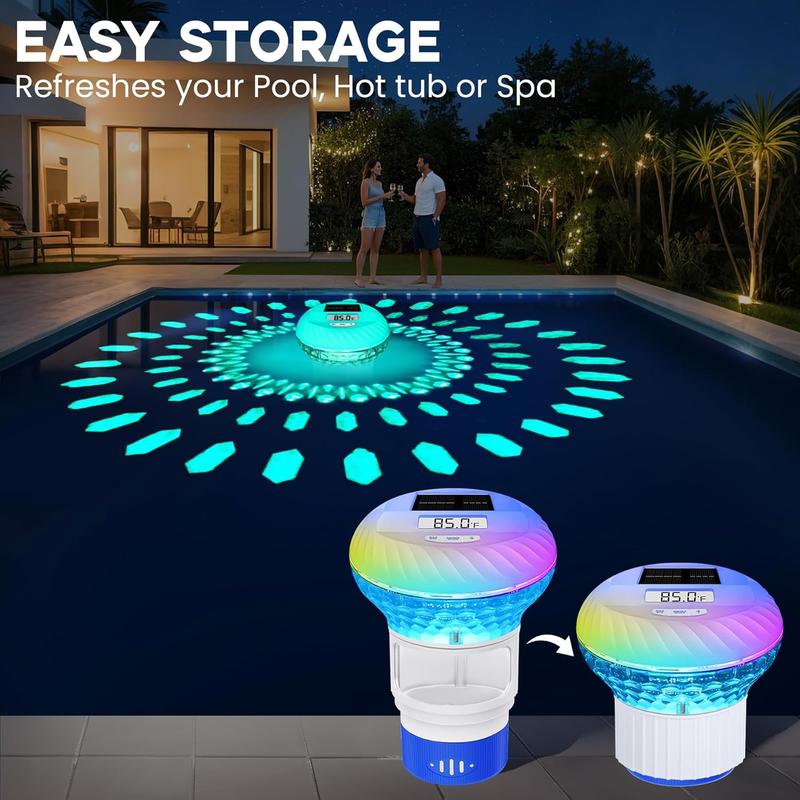 2025 Upgraded Pool Chlorine Floater with Thermometer,Digital Screen Solar Chlorines Floaters with Light, Chlorine Floater with Adjustable Release,Floating chlorines Dispenser for Pool,Hot Tub