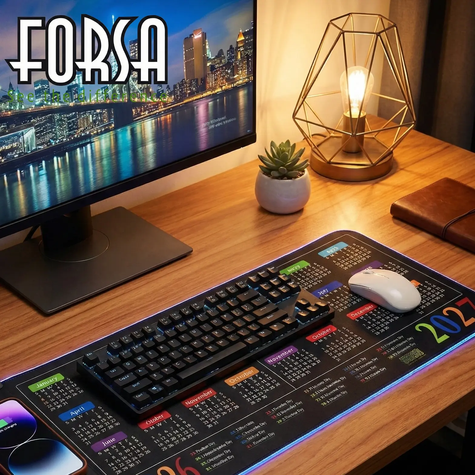 Forsa 15w Wireless Charging Mouse Pad, 2026-2027 Calendar Design Office Desk Mat, Glowing Gaming Mouse Pad, Waterproof Extra Large