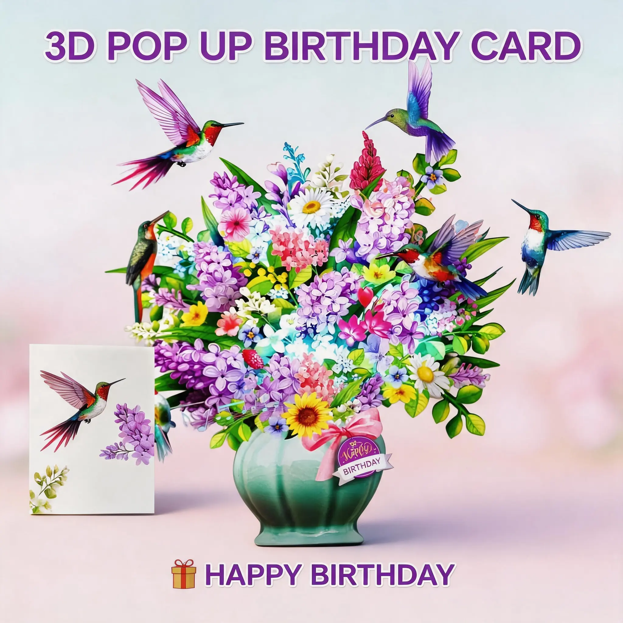 The Best Birthday Gift for Women - Luxury 3D Pop-Up Card with Lights & Music, Large 10-inch Hummingbird Bouquet, Unique Card for Mom & Grandma, Greeting Card for Ladies (Includes Blank Note Sheet & Envelope)