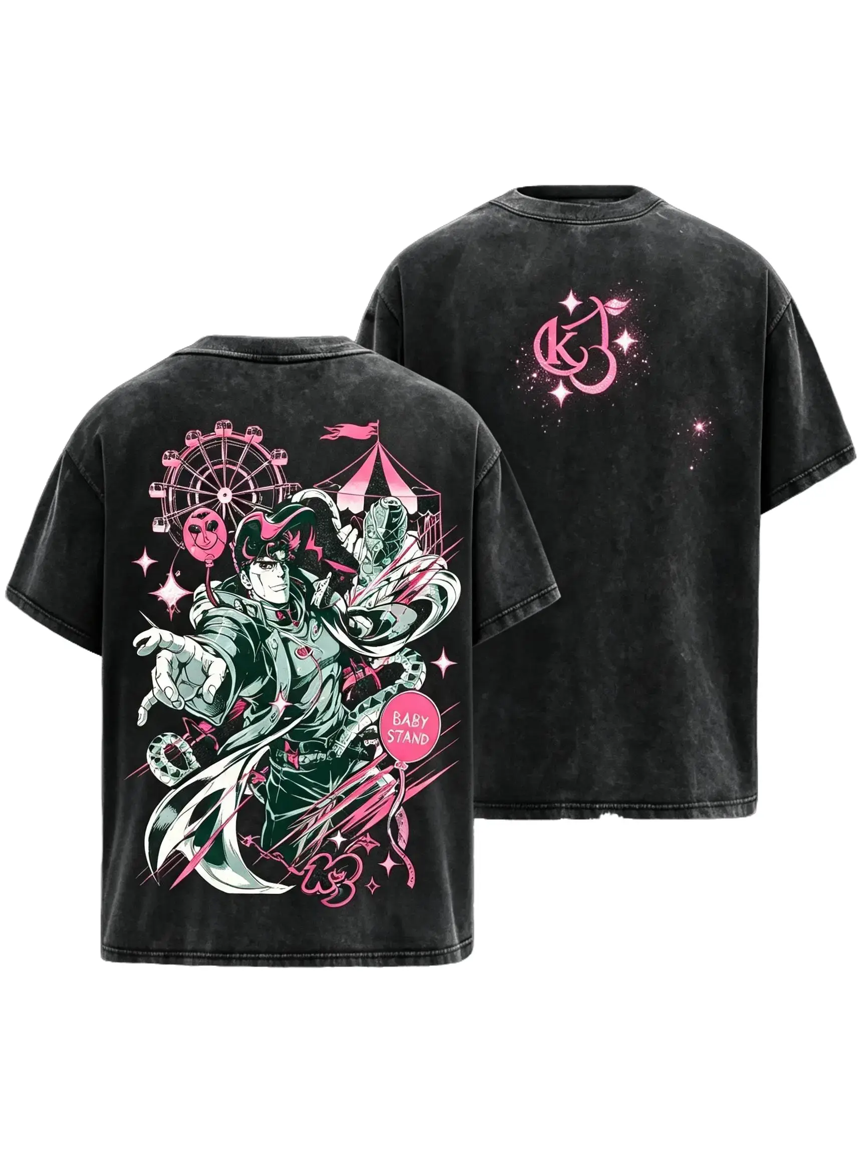 Kira Yoshikage Anime Graphic Tee Men Vintage Washed Black Oversized T Shirt JoJo Bizarre Adventure Inspired Streetwear Y2K Harajuku Style Japanese Manga Character Shirt Retro Short Sleeve Casual Unisex Summer Top