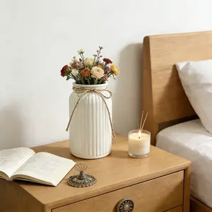 White Plastic Vase with Vertical Lines and Jute Rope Milk White Modern Farmhouse Decor Centerpiece for Table Living Room Lightweight Durable Rustic Style Flower Vase Easy Clean Vintage Home Accent Modern Plant Vase
