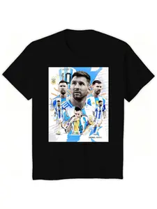Messi Career Highlight Patchwork T-Shirt, Argentina Three-Time Champions Fan Memorial Unisex Tee, Soft Fabric Casual Fit