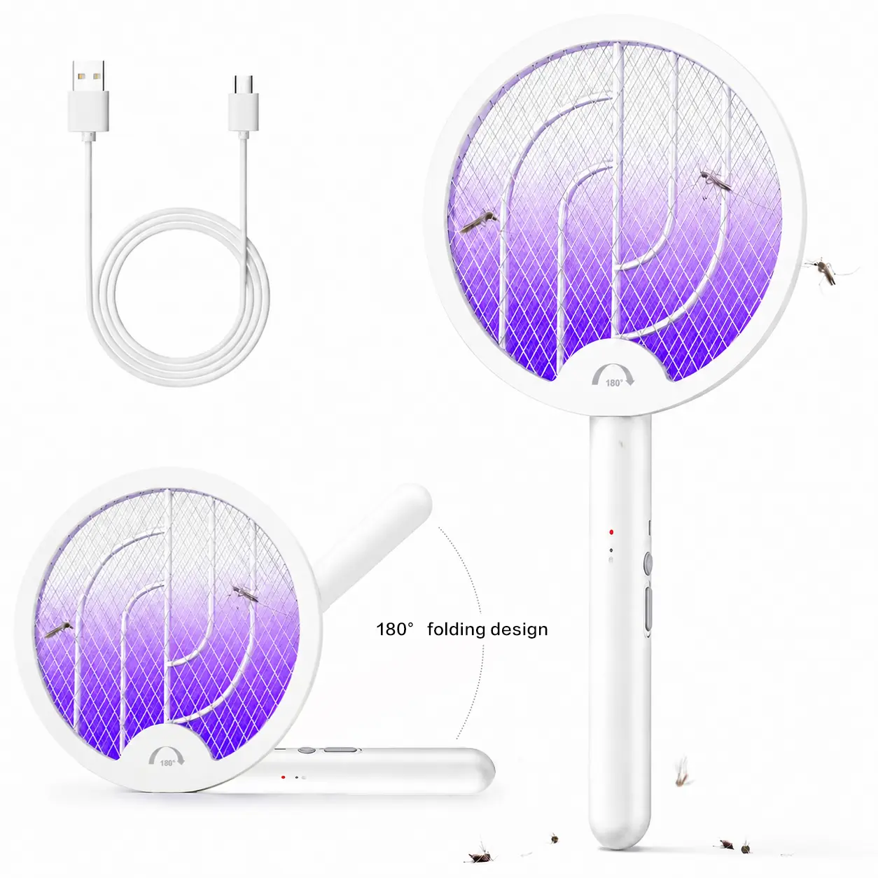 Electric Fly Swatter Racket & Bug Zapper – 4000V Powerful Mosquito Killer, 180° Foldable with Super Bright Purple Trap Lamp, 1500mAh Long-Lasting Battery, Type-C Charging, Wall Mount/Desk Stand, Compact Storage,  for Indoor, Home, Office, Patio, Camp