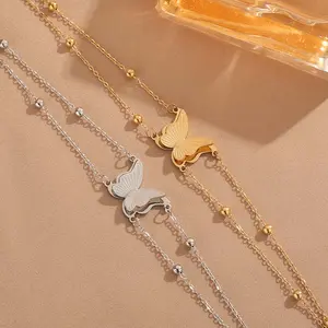 Double Layer Butterfly Stackable Bracelet - Golden Round Bead Chain, Summer Fashion Artificial Gemstone Jewelry Accessory, Trendy Stack Bangle, Stackable Bracelets