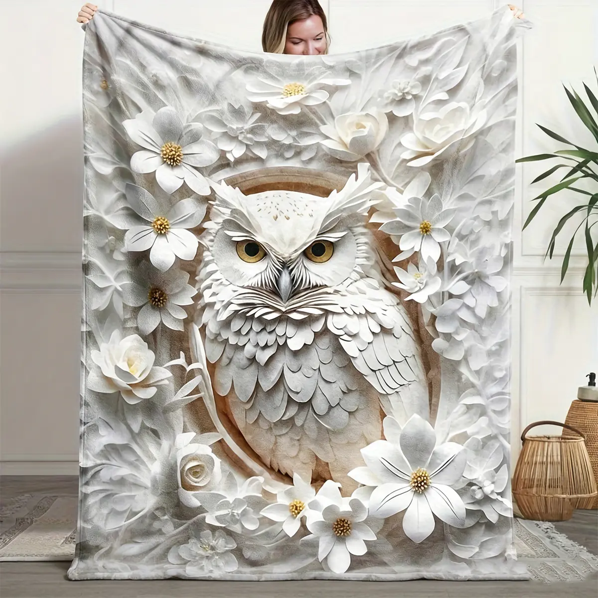 2D White Owl & Floral Classic Flannel Blanket - Wrinkle Resistant, Durable, Ultra-Soft Breathable Fleece, 80x60inch (Big for Adults), Multi-Size Throw, Embossed Print, Machine Wash, Holiday Lounging at Home Couch Accessory, All-Season Use