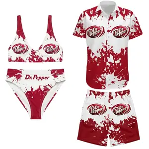 Dr Pepper Matching Swimwear Couple, Red White Paint Splash Bikini Top Bottom & Mesh Shorts, Cool Couple Gift for Boyfriend Girlfriend