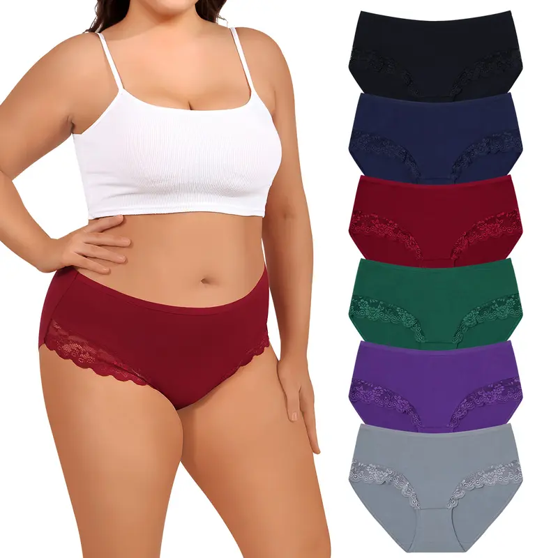LEVAO Women's Cotton Lace Cheeky Hipster Panties - 6 Pack Multicolor A, Breathable Underpants, Cotton Absorbent Underwear with Elastane, Mid-High Waist Plus Size Briefs (L-4XL, 2XL Included) for Women, Fresh-Feeling Fabric