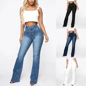 Koi window 2026 Women's Bell-Bottom Jeans with Pockets High Waist Buttoned Slimming Denim Trousers Dark Blue Minimalist Basic Womenswear Pants