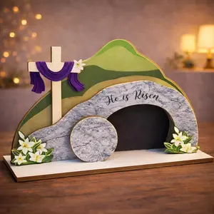 He is Risen Easter Nativity Set - Empty Tomb Decor with Stone Texture & Scripture Verse | Christian Easter Tabletop Display for Home, Church Altar | Religious Resurrection Decorations