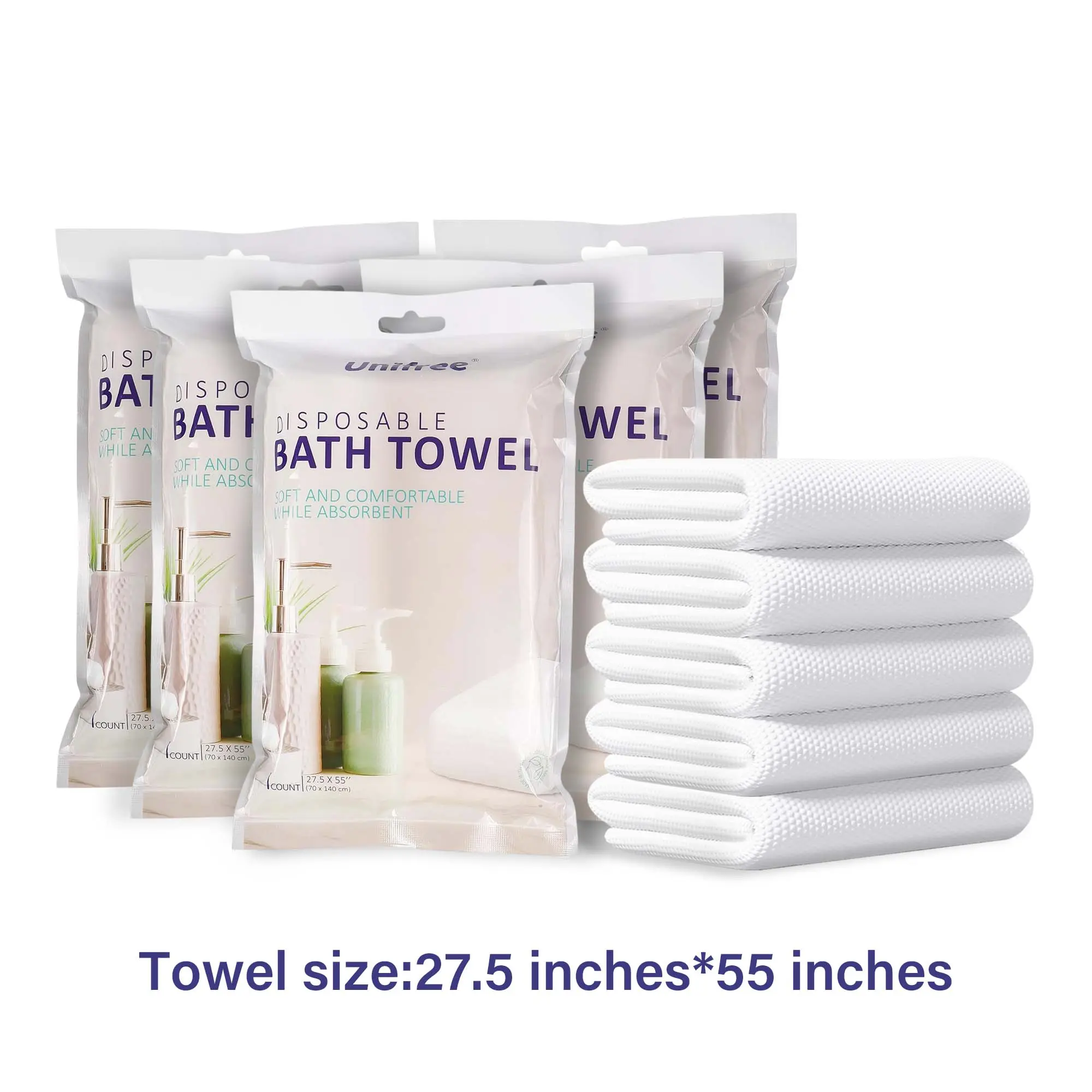 Unifree Viscose Disposable Bath Towels - 5 or 20 Individually Packed Count, Portable, Thick, Large Size (27.5in x 55in) for Business Trips, Travel