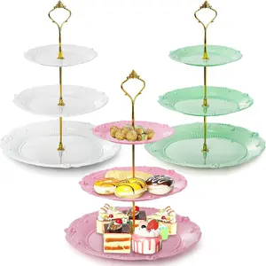 3 Pack 3 Tier Plastic Cupcake Stand, Dessert Plates Cake Fruit Candy Display Tower Reusable Pastry Platter for Wedding Birthday Baby Shower Tea Party Decorations - White Pink Green