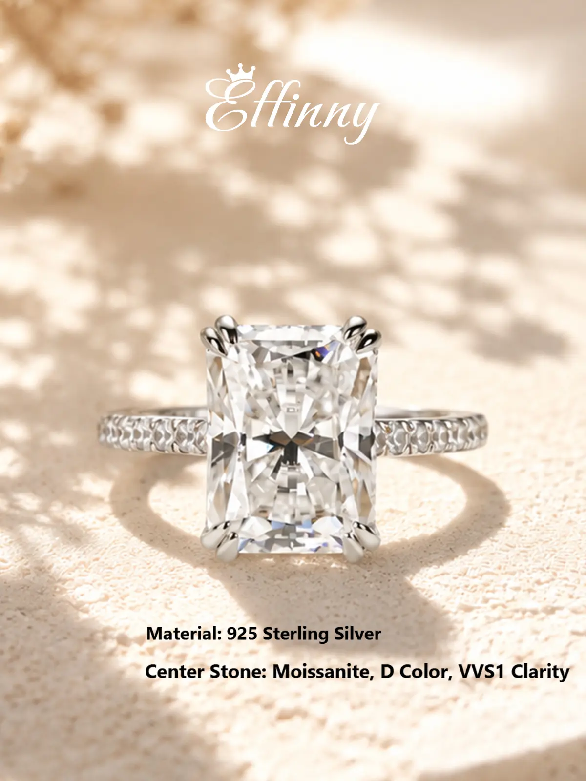 Effinny Tarnish-resistance Synthetic Certified Moissanite 4.5 Carat 925 Sterling Silver D Color VVS1 Excellent Radiant Cut Elongated Engagement Ring - 14K Gold Plated Jewelry for Female, Travel-friendly Wedding Promise Accessory