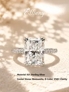 Effinny Tarnish-resistance Synthetic Certified Moissanite 4.5 Carat 925 Sterling Silver D Color VVS1 Excellent Radiant Cut Elongated Engagement Ring - 14K Gold Plated Jewelry for Female, Travel-friendly Wedding Promise Accessory