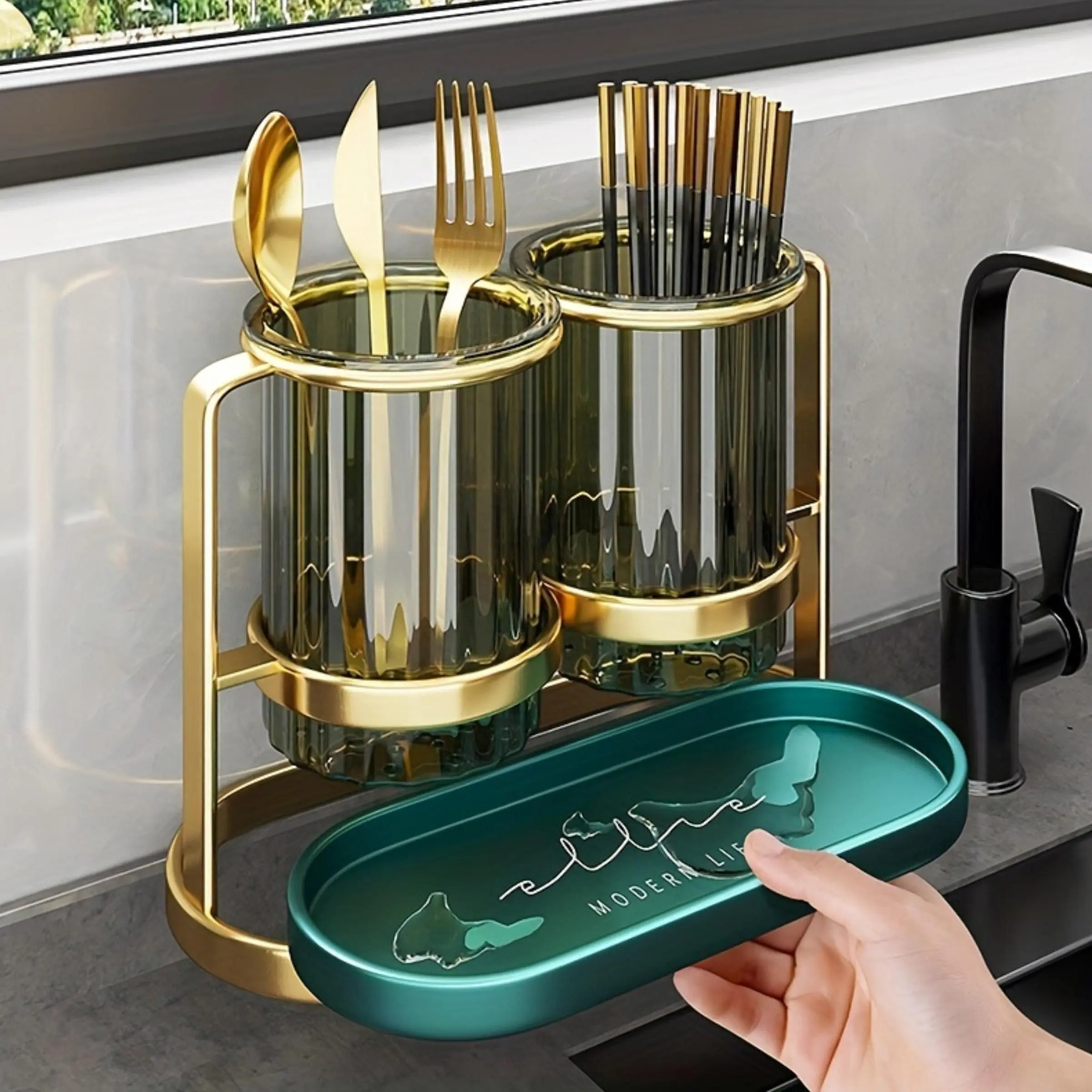 Kitchen Cutlery Holder, 1 Count Cutlery Drain Rack with Tray, Household Modern Tableware Rest, Kitchen Utensil Storage Box, Kitchen Accessories, Home, Kitchenware