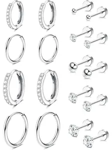 9 Pairs Earrings Set for Multiple Piercings, Hypoallergenic 14k Plated, Small Huggie Hoops & Cz Studs for Women