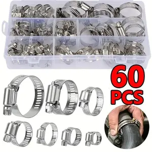 60pcs Adjustable Stainless Steel Screw Hose Clamps, Suitable for 0.8-3.8cm Pipes, Intercooler, Fuel Lines, Car Maintenance Tools