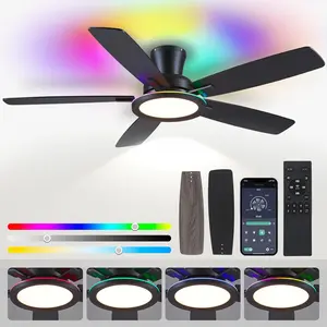 Flush Mount Ceiling Fan with RGB Light - 52In Black Ceiling Fan Light with Reversible Mute , LED 3CCT Dimmable, Low Profile Modern Ceiling Fans for Indoor, Party, Covered Outdoor