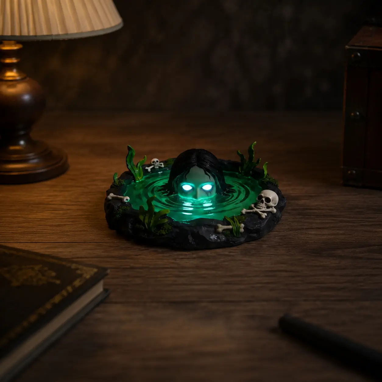 Resin marsh female ghost glowing ashtray - Green light underwater ghost skull aquatic plant design - Halloween dark-themed desktop ashtray decoration piece