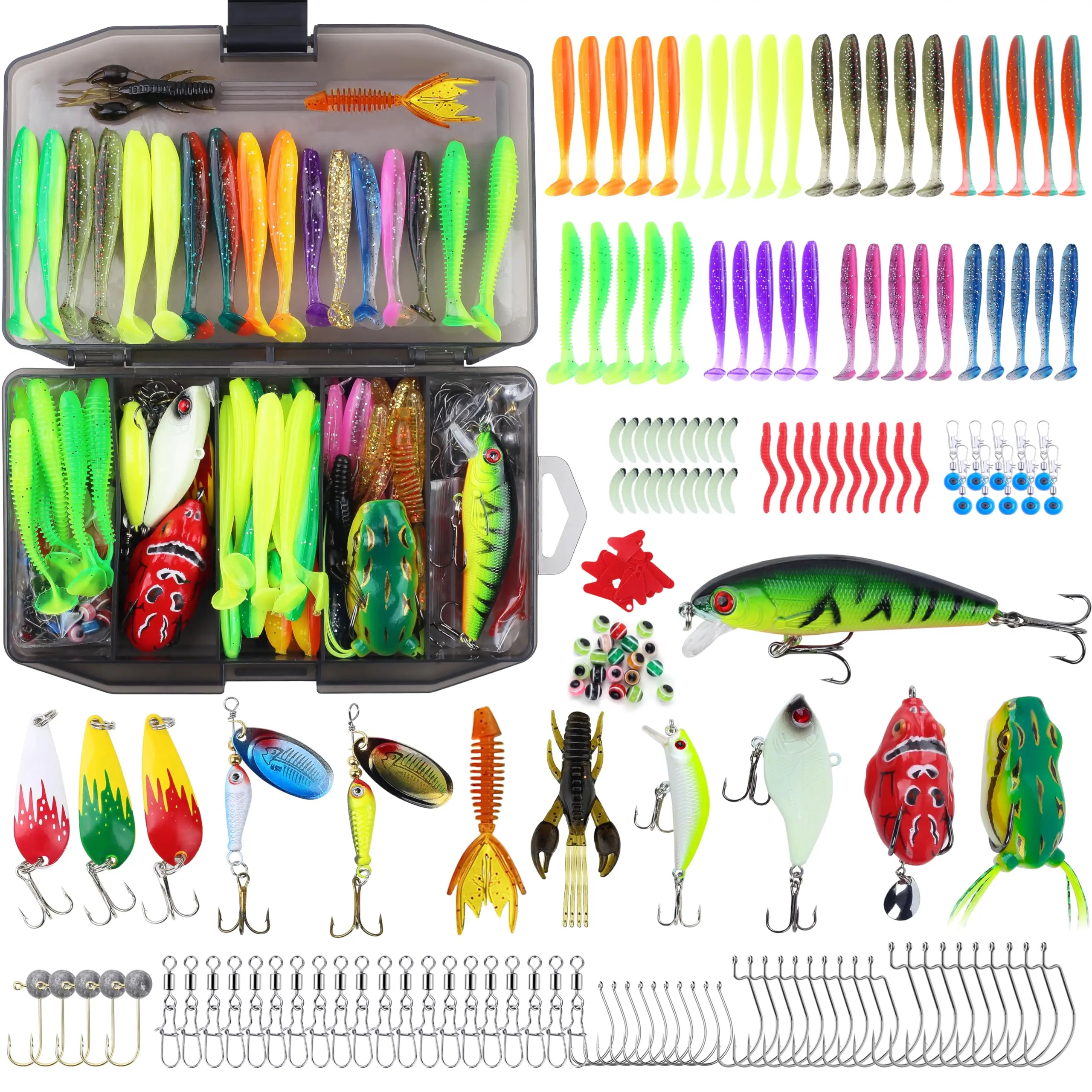 220 Fishing Lures Equipment Tackle Gear Box for Bass  Fish Kit with Soft Hooks Accessories Tools Frog Worms Plastic Bait Swimbait Crappie Jigs Crankbaits Gifts Men