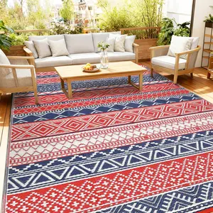 Reversible Bohemian PP Woven Outdoor Rug, UV Resistant Waterproof Plastic Tube Mat, Portable Lightweight Carpet for Patio, Deck, RV, Camping, Balcony, Porch, Green & Multicolor