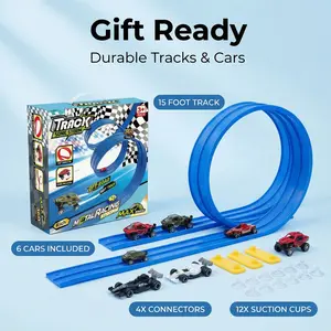 Flex Tracks 16ft Beginner Flexible Track Set for Kids High-Quality PVC Compatible with Hot Wheels & Diecast Cars Portable Roll-Up Design with Suction Cups