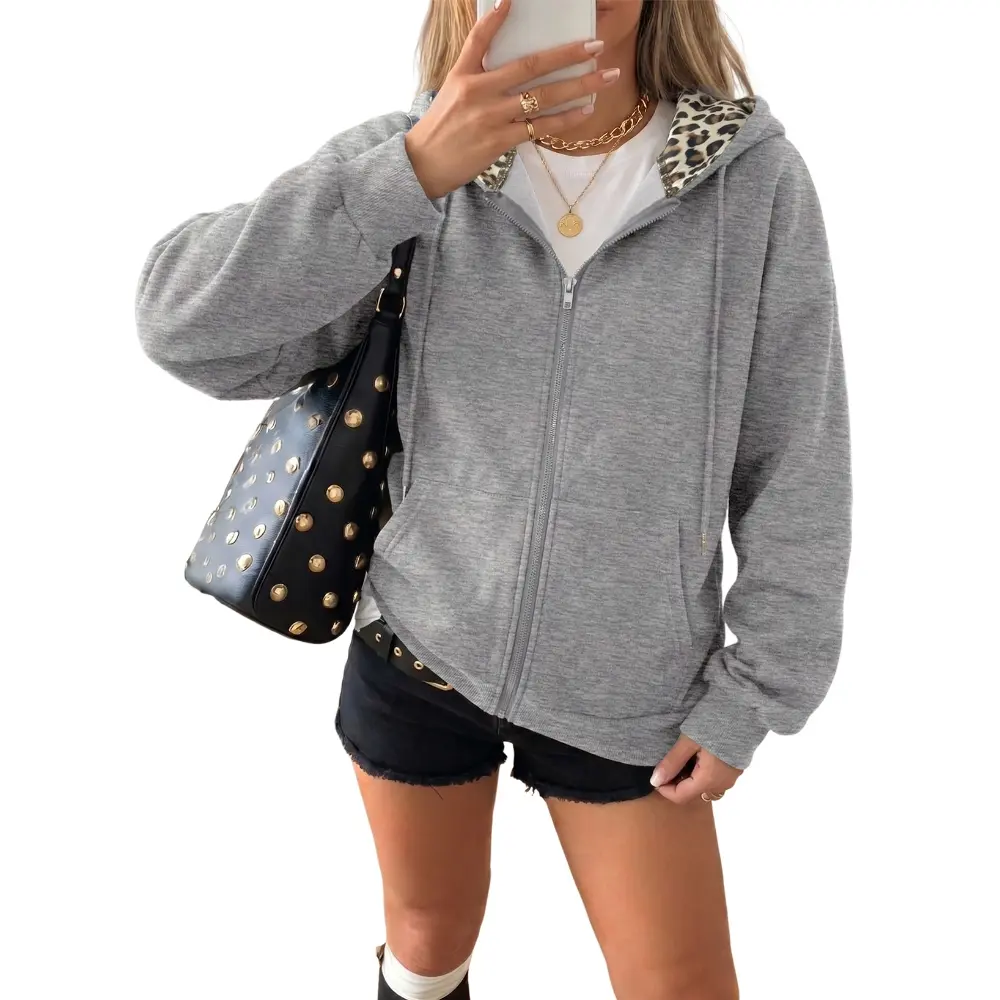 DOKOTOO Women Fall Winter Casual Sweatshirt Leopard Print Graphic Design Outerwear Streetwear Zip-up sweatshirt