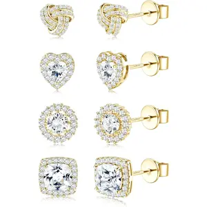 4 Pairs  CZ Stud Earrings for Women 14K Gold Plated Brilliant Celtic Heart Big Stud Earrings Set Cubic Zirconia Earrings Studs for Sensitive Ear