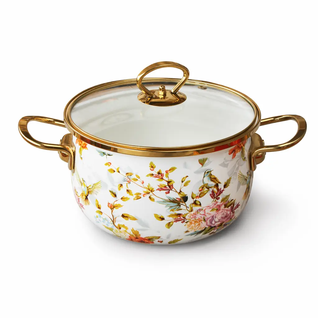 Vintage Floral Print Enamel Stockpot with Glass Lid - Iron Body Non-Stick Cookware, Handle Equipped Soup/Bean Stew Simmer Pot, Induction & Gas Stove Safe, Mother's Day Gift Ideas