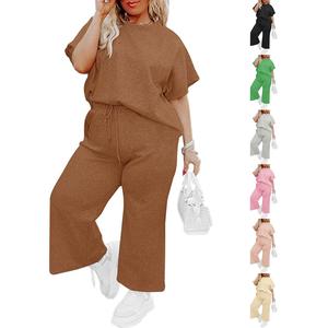 【1XL-5XL】Plus Size Curve imily bela curve Womens Plus Size 2 Piece Sets Summer Vacation Outfits Short Sleeve Tops and Wide Leg Pants Matching Lounge Set