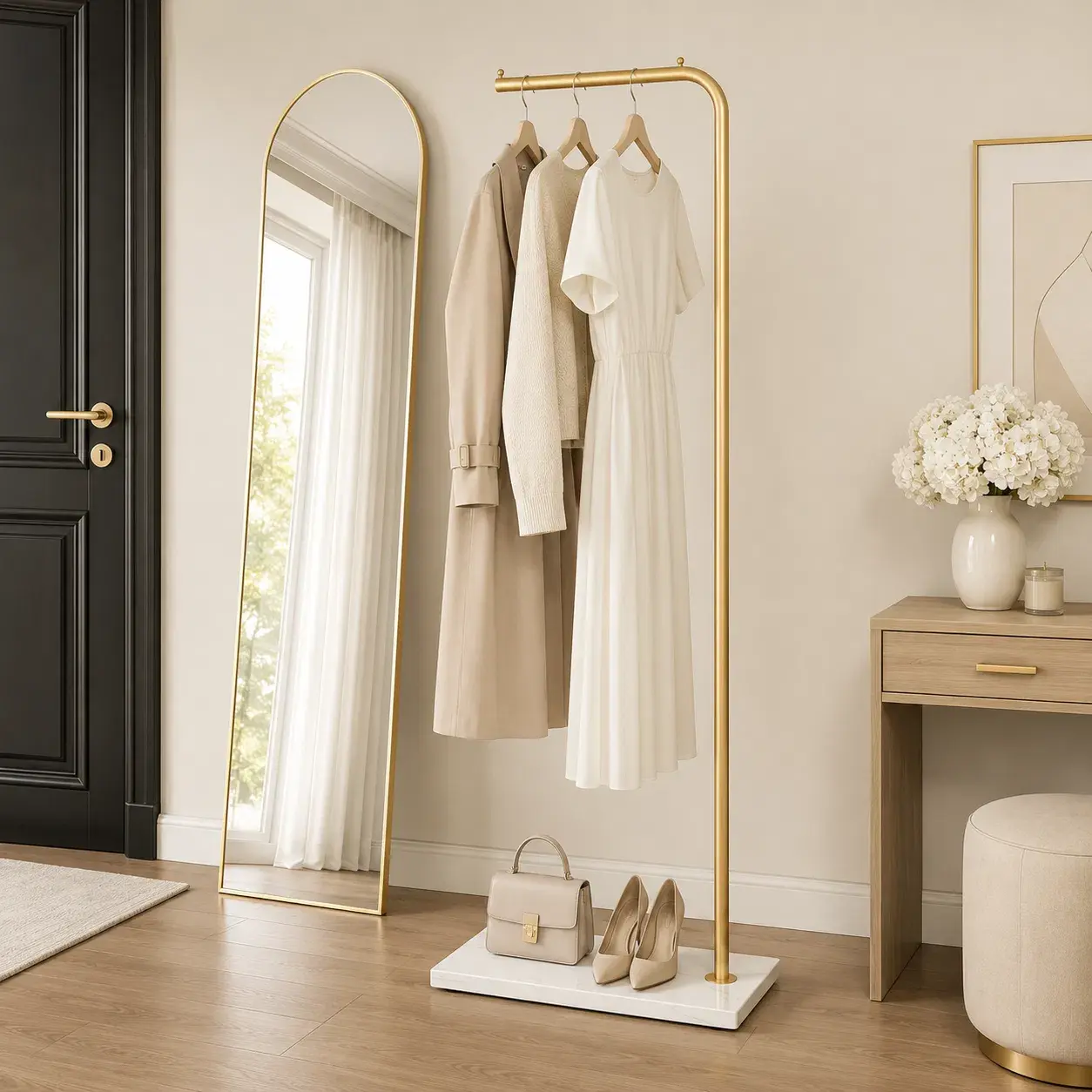 66 in Floor Coat Rack - Stable Golden Metal Freestanding Heavy-Duty Stand with Ceramic Plate, Multifunctional Vertical Rod Home Organizer for Bedroom Garment Storage (Hat, Scarf, Jacket)