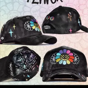 Flower Cap with Colorful Floral Design and Star Accents - Black Baseball Cap with Unique Patterns and Not Fitted Label
