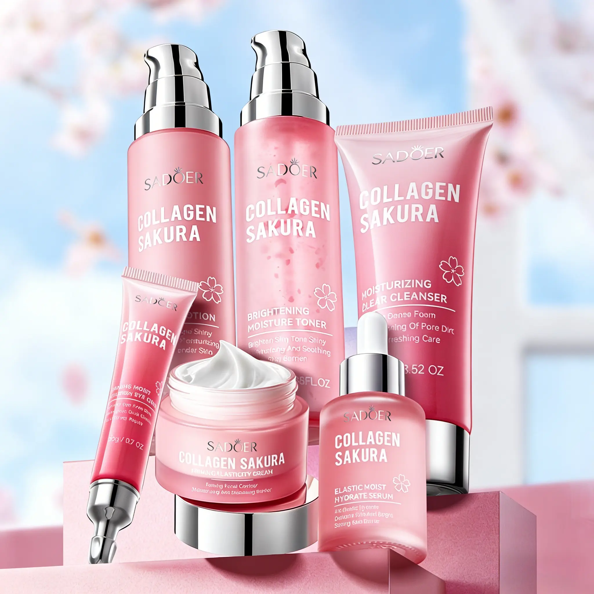 Sadoer Korean Skincare Set, Cherry Blossom Collagen Face Care 6pcs, Hydrating, Moisturizing, Nourishing and Radiant, Glowing Skin Kit, Suitable for All Skin Types, Hydrate, Glow Set