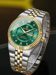 Men's Fashion New Trend Gold Dial Watch, Roman Numeral Dual Calendar, Business Commute Waterproof Quartz Watch